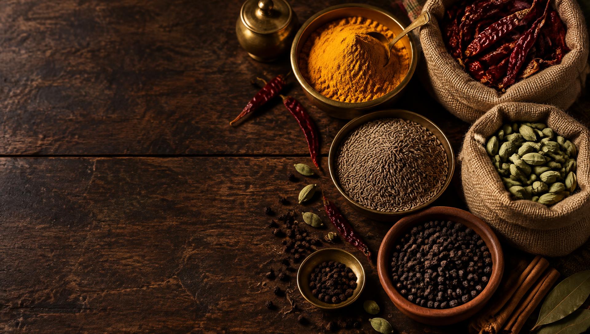 Indian spices in brass bowls and jute sacks